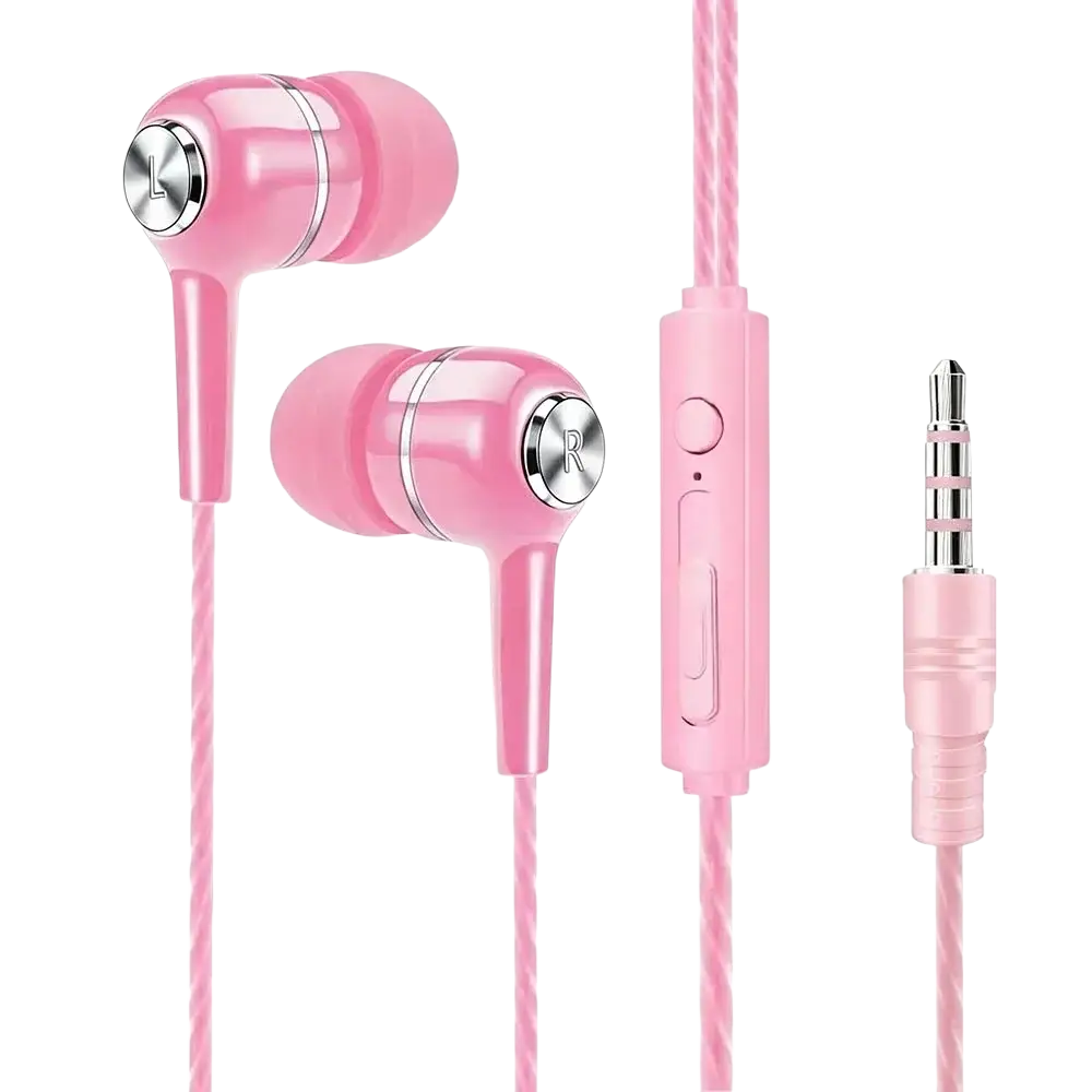 Mobile phone wired in-ear headphones with microphone in pink featuring silver metallic accents and inline control module