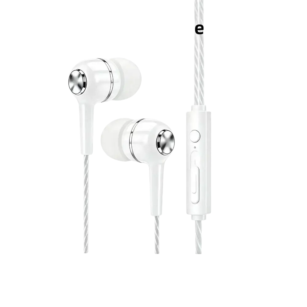 White mobile phone wired in-ear headphones with silver metallic accents, braided cable, and built-in microphone