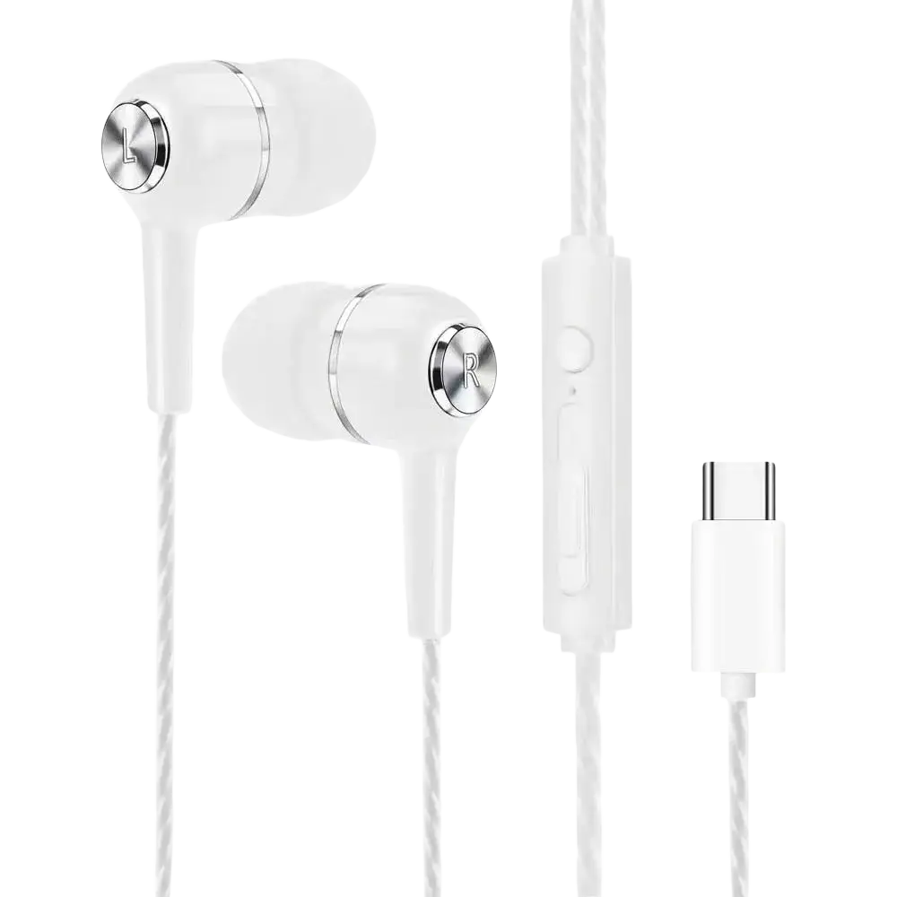 White mobile phone wired in-ear headphones with microphone silver metallic accents and usb-c connector