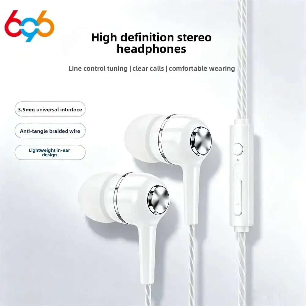 Mobile phone wired in-ear headphones with microphone featuring white earbuds, silver accents, braided cable, and inline control module