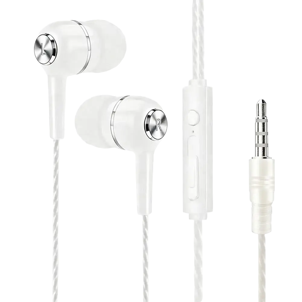 Mobile phone wired in-ear headphones with microphone featuring white braided cable and silver metallic control buttons