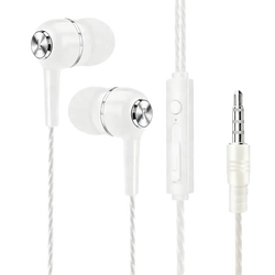 Mobile phone wired in-ear headphones with microphone featuring white braided cable and silver metallic control buttons