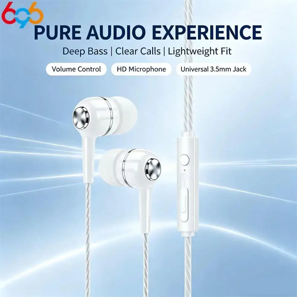 White mobile phone wired in-ear headphones with silver accents, braided cable, and inline control module with microphone