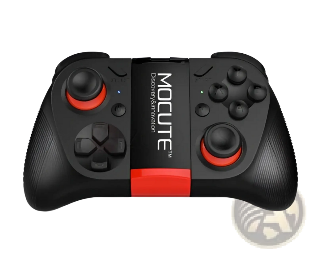 Mocute wireless mobile game controller for Android iOS in black and red with textured grips and circular analog sticks