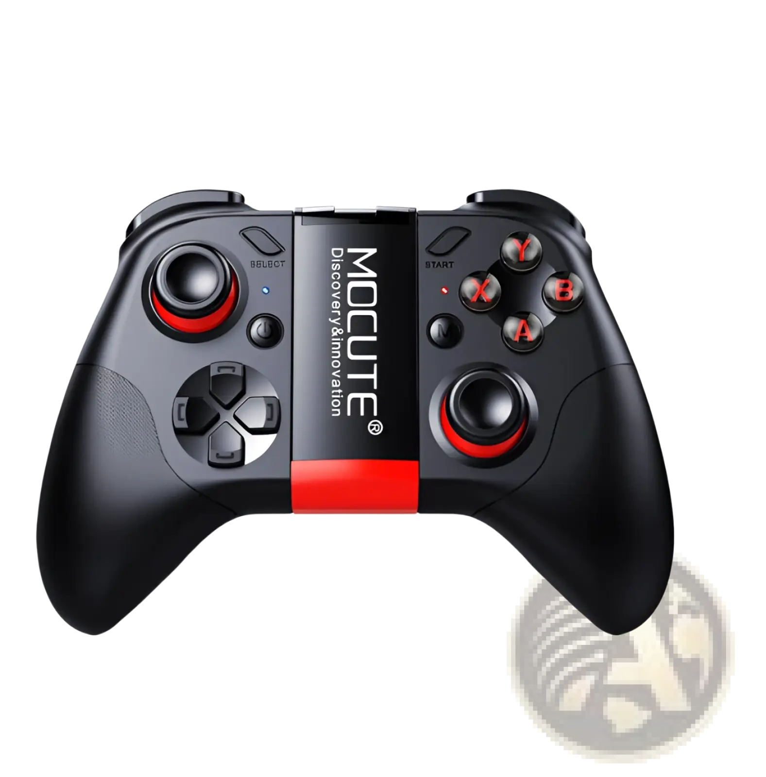 Mocute wireless mobile game controller for android ios in black and red with textured grips and circular analog sticks