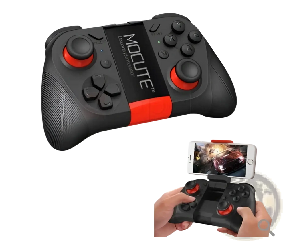 Mocute wireless mobile game controller in black and red with textured grip and phone mount for Android iOS devices