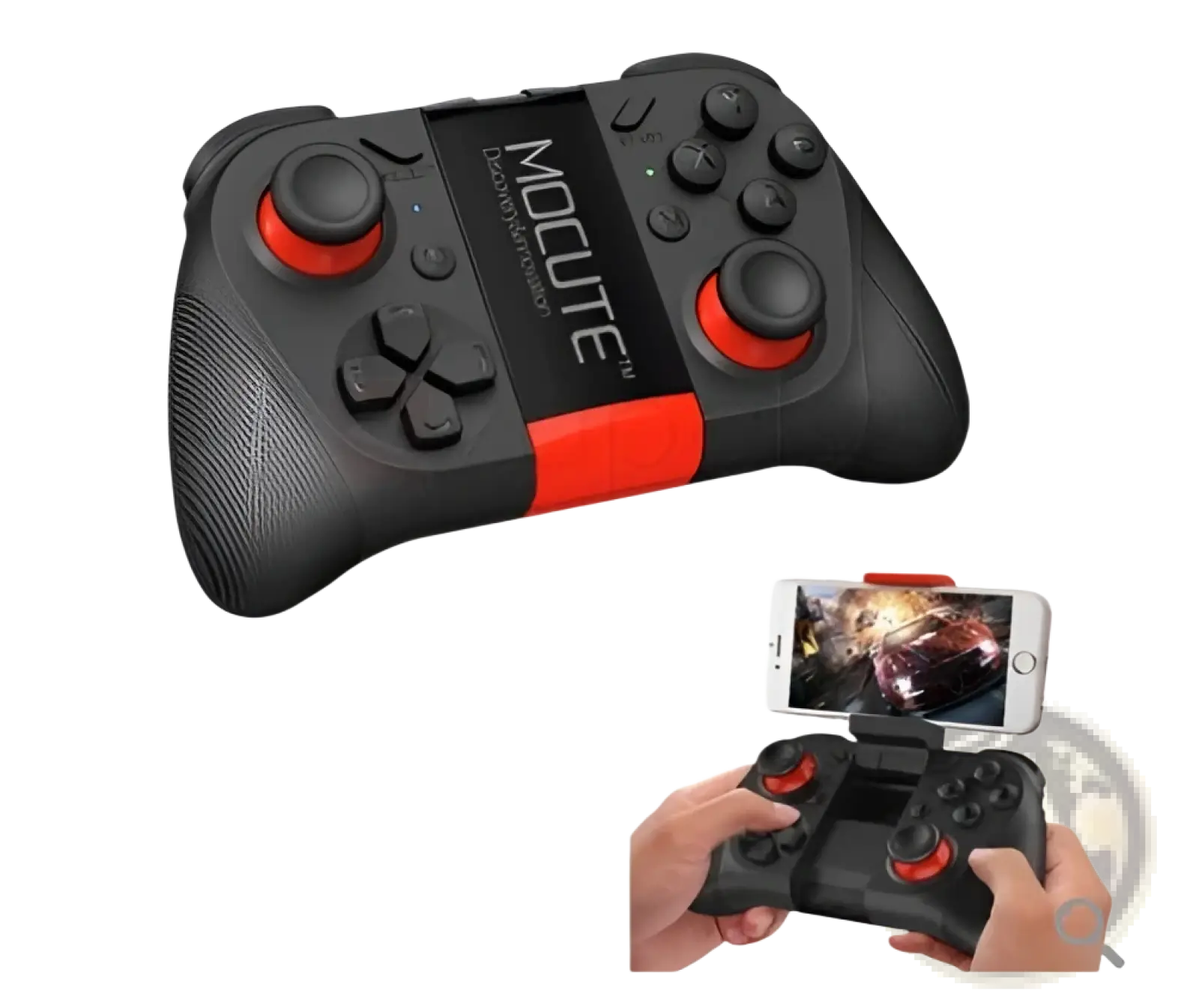 Mocute wireless mobile game controller in black and red with textured grip and phone mount for Android iOS devices