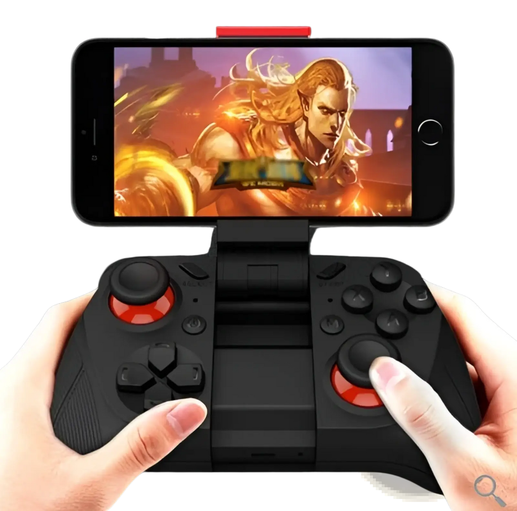 Black wireless Mocute mobile game controller with red accents holding smartphone upright for Android and iOS gaming