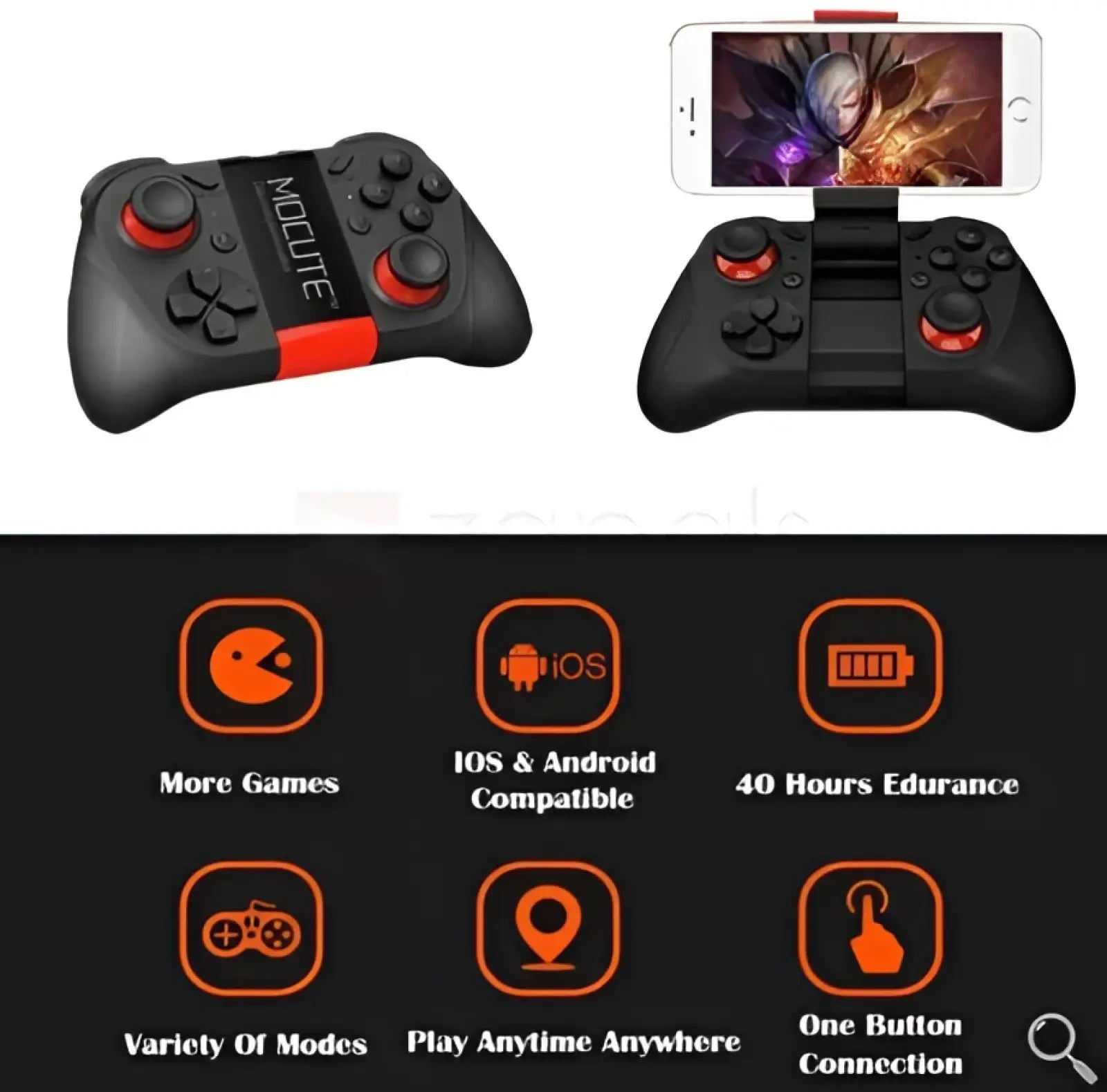 Mocute wireless mobile game controller in black and red with phone mount for Android and iOS gaming