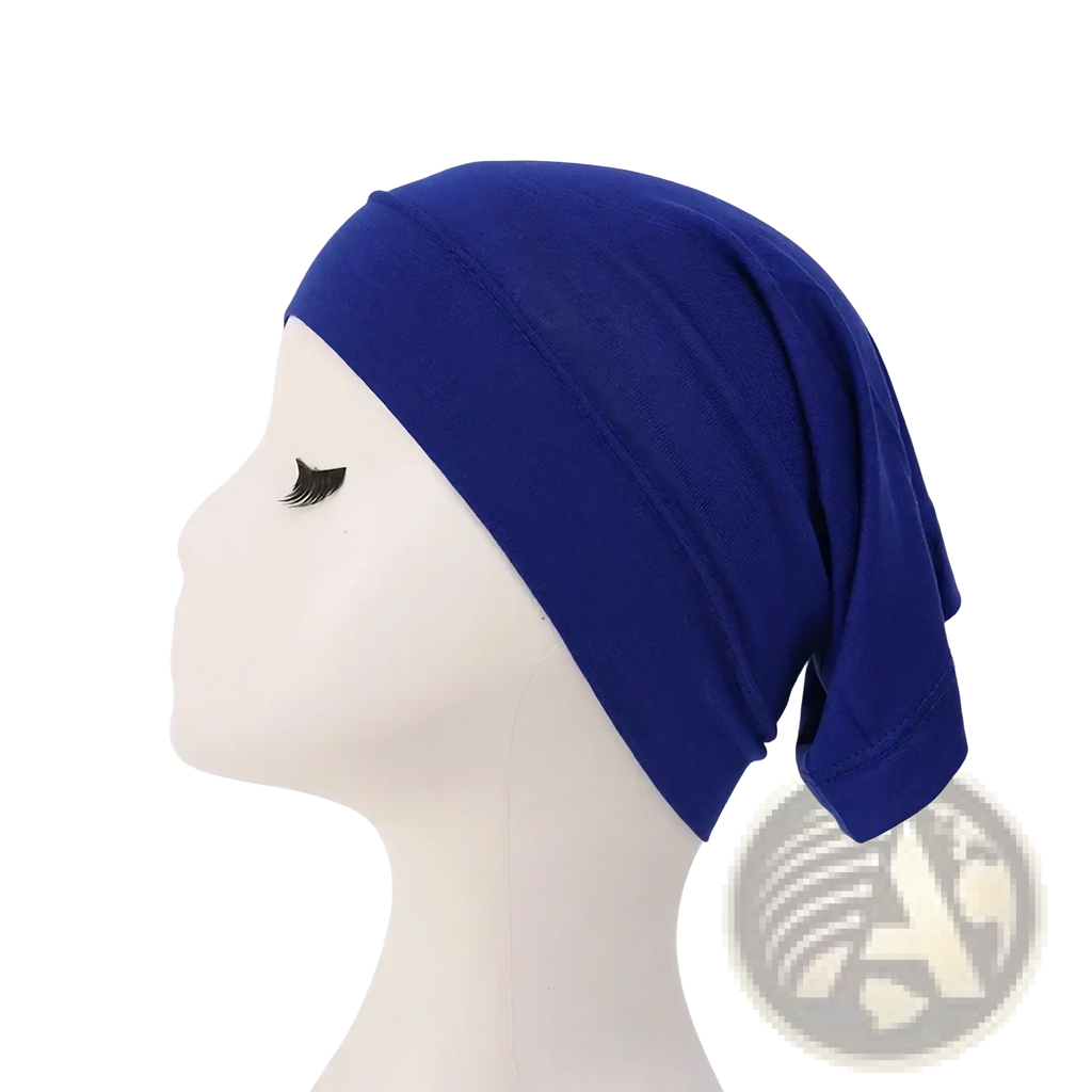Royal blue modal cotton muslim hijab underscarf cap stretchy smooth and form fitting front view