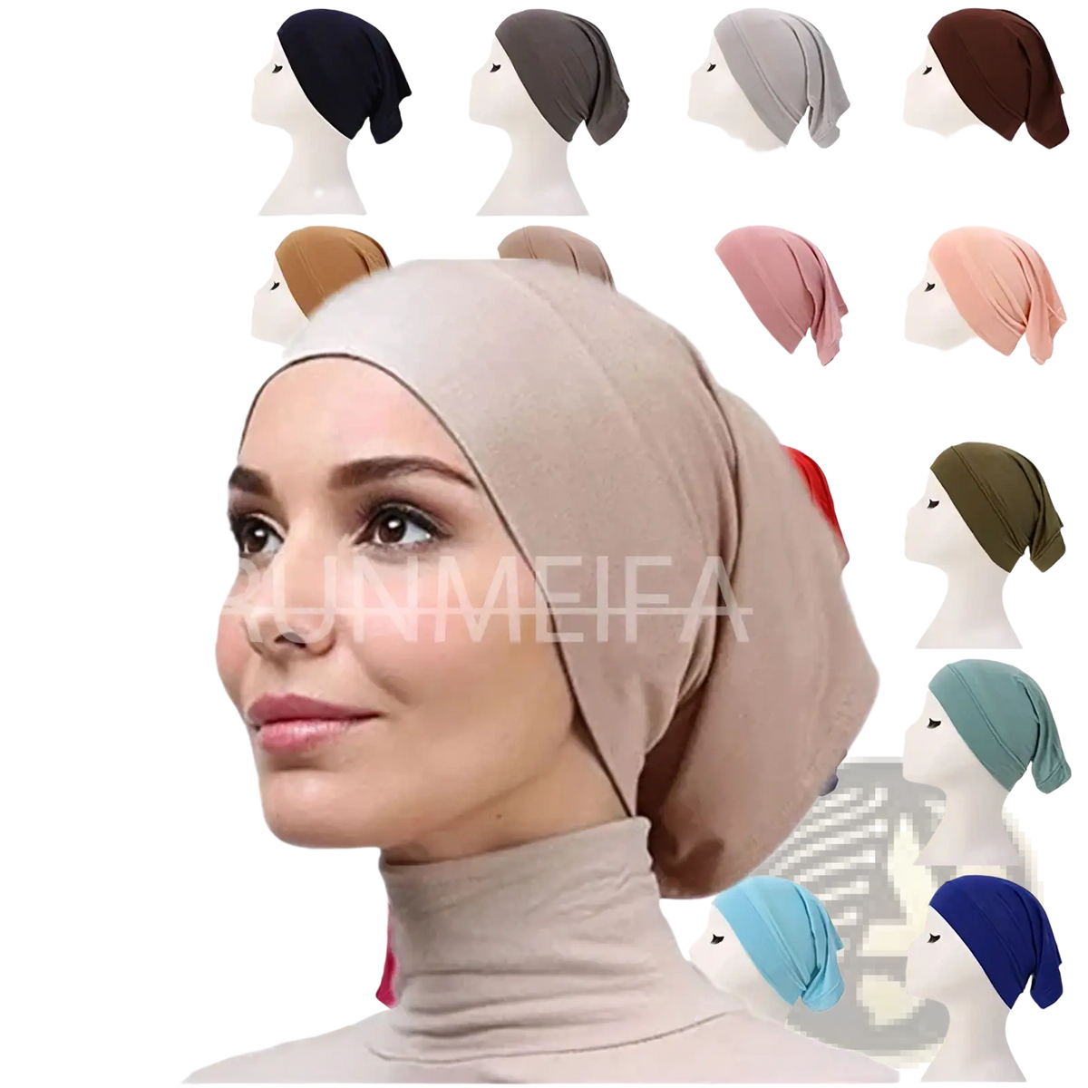 Beige modal cotton muslim hijab underscarf cap with stretchy fabric and soft draping worn by a woman