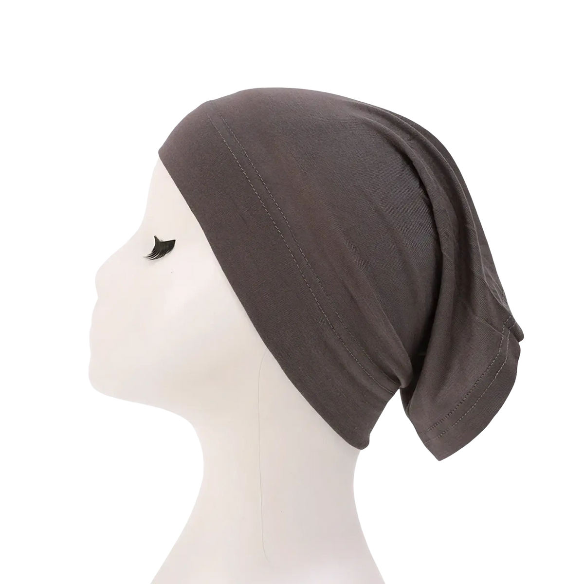 Dark grey modal cotton muslim hijab underscarf cap with soft texture and subtle edge stitching visible from the back side