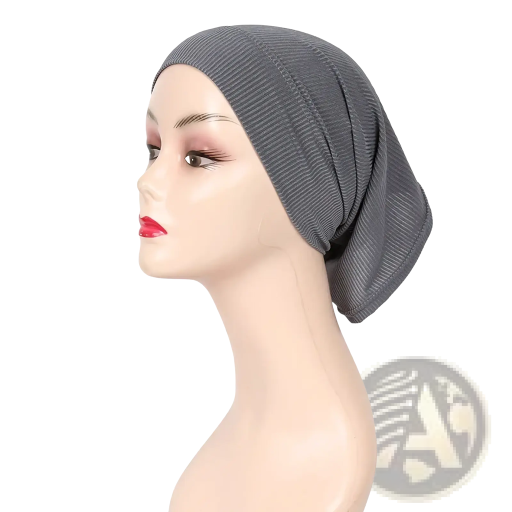 Gray ribbed knit modal cotton sleep cap worn on a mannequin head for use as a muslim hijab underscarf cap
