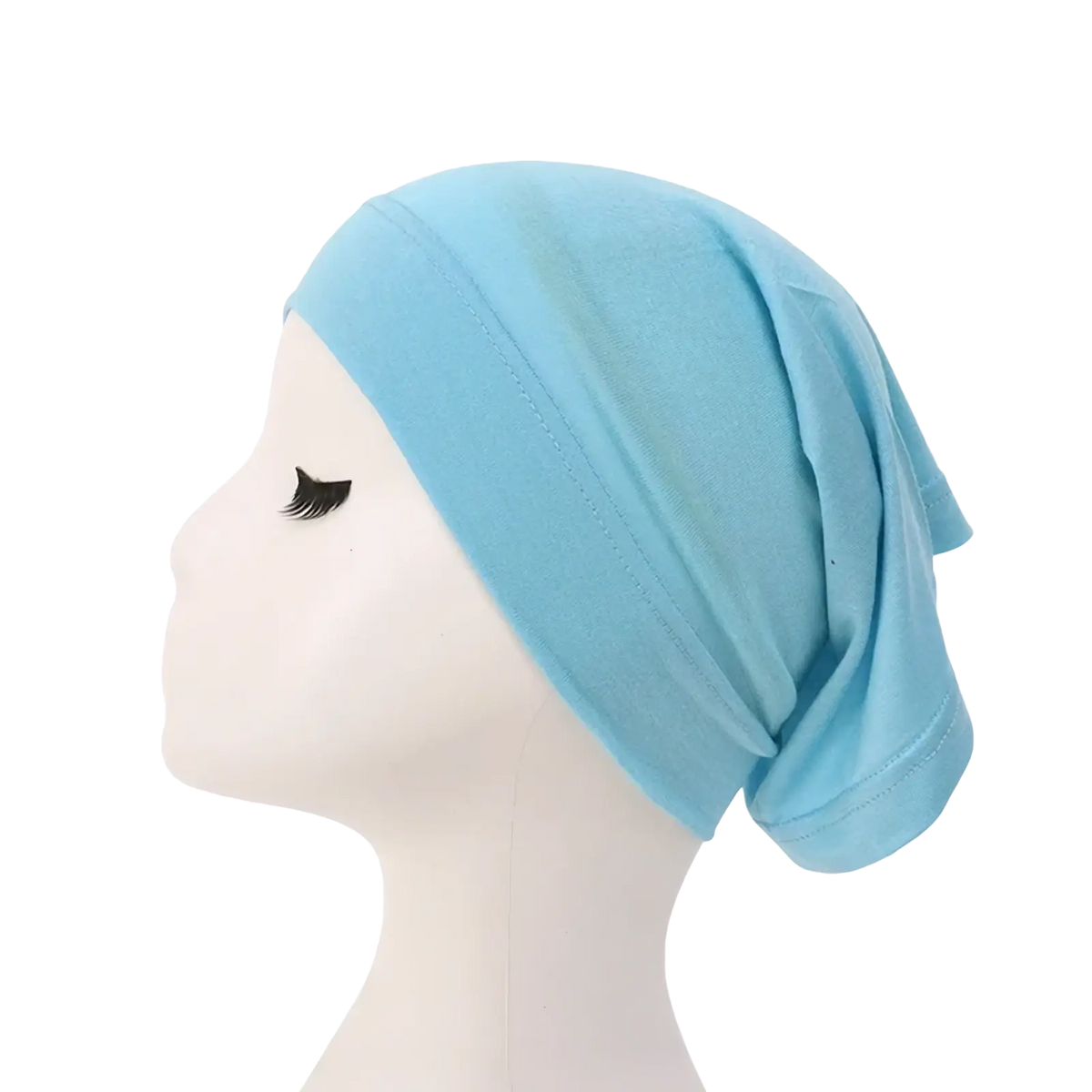 Sky blue modal cotton muslim hijab underscarf cap made of stretchy fabric shown from the back side