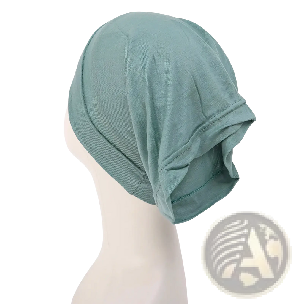 Modal cotton muslim hijab underscarf cap in soft sage green with ribbed texture and neatly stitched edges