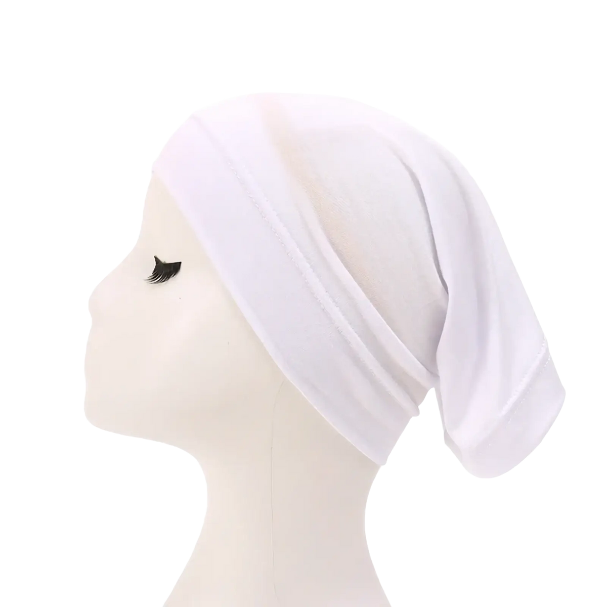 White soft modal cotton muslim hijab underscarf cap with draped flowing design for comfortable wear
