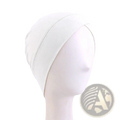 White modal cotton turban headwrap chemo cap with stretchy fabric and subtle stitching along the fold