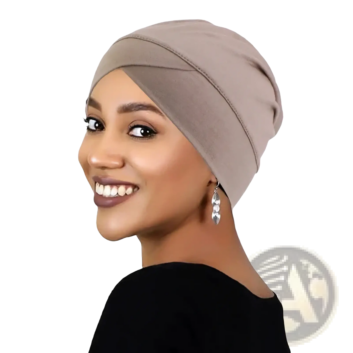 Beige soft fabric modal cotton turban headwrap chemo cap shown from the back side for comfort and style