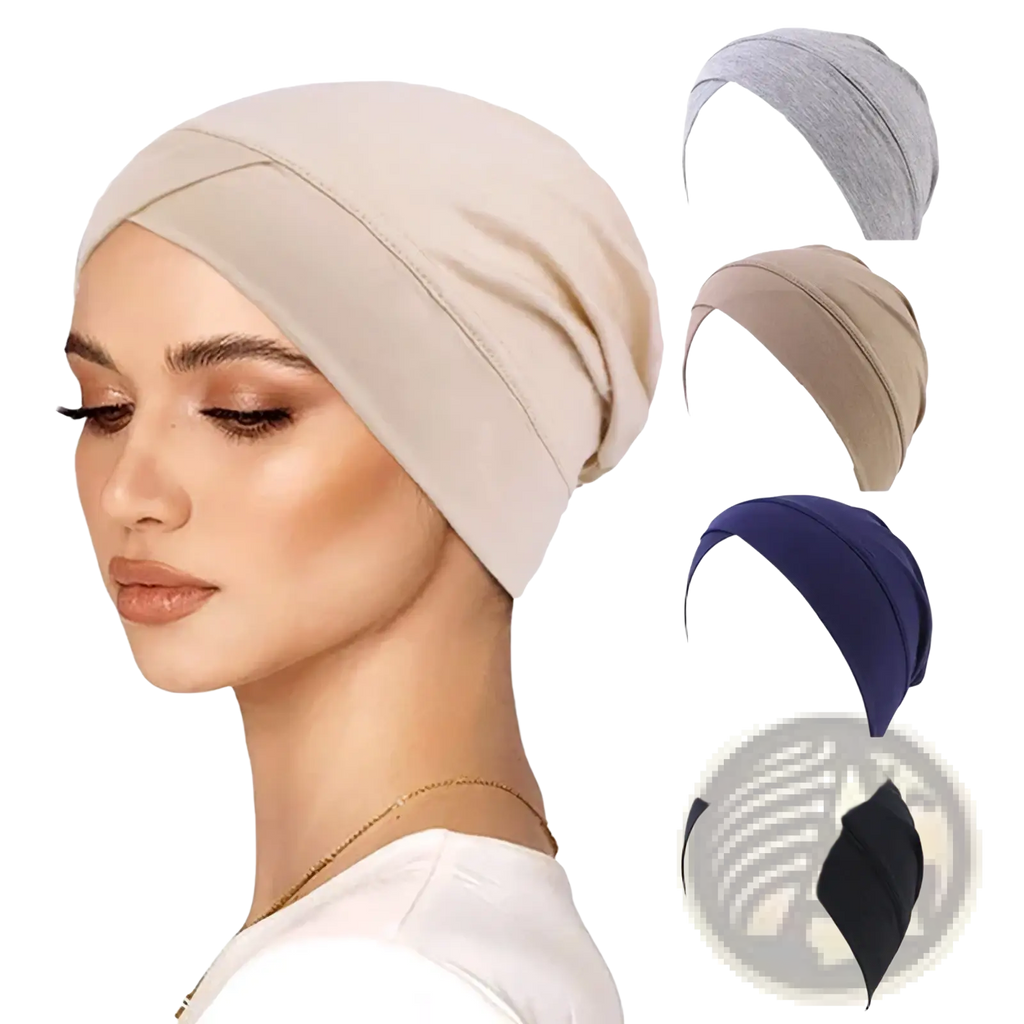 Beige modal cotton turban headwrap chemo cap with a soft seamless stretchy design