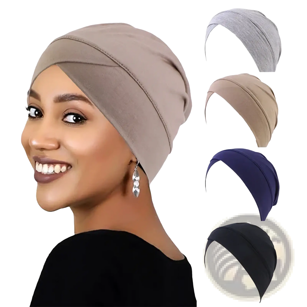 Beige modal cotton turban headwrap chemo cap with stretchy soft fabric and subtle seam detailing