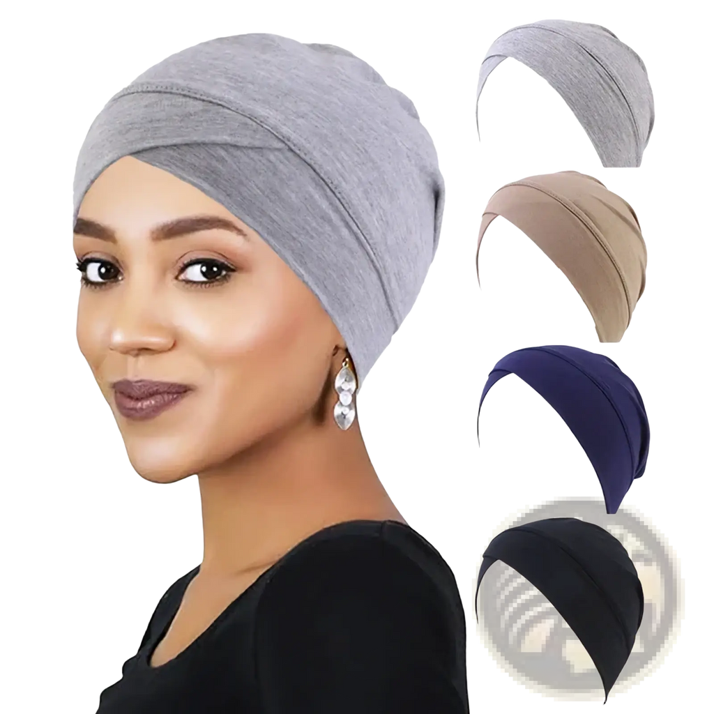 Gray modal cotton turban headwrap with a soft seamless design ideal for chemo use and stretchy comfort
