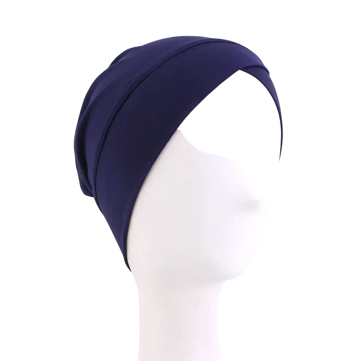Navy blue modal cotton turban headwrap chemo cap with stretchy soft seamless design shown from the back side