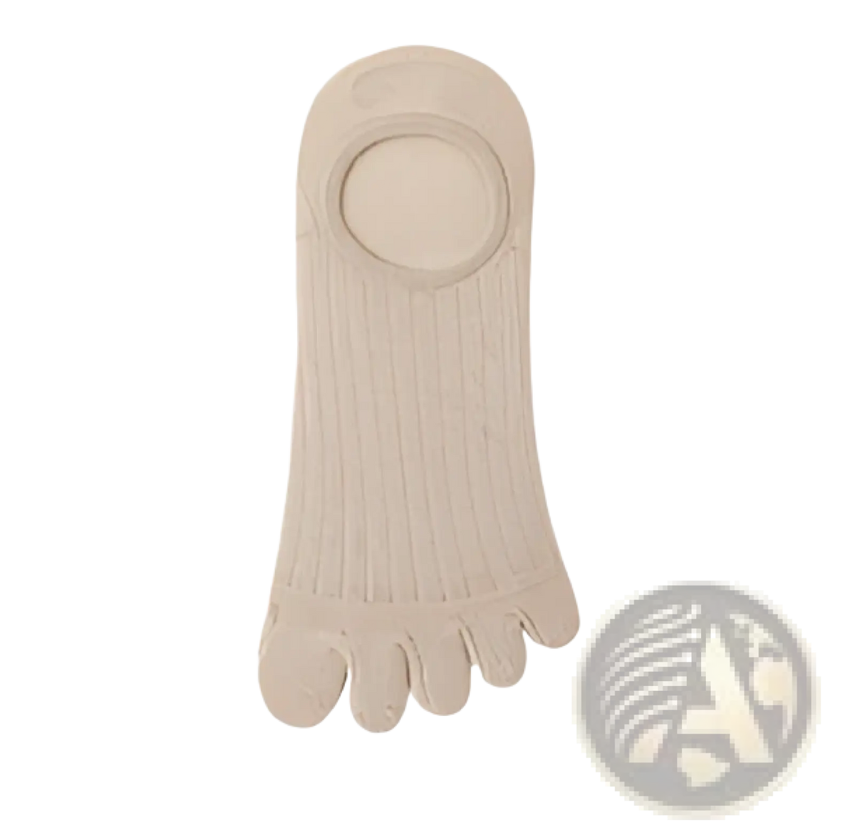 Beige modal five-finger breathable ultra-thin boat sock with ribbed texture and circular cutout at the top