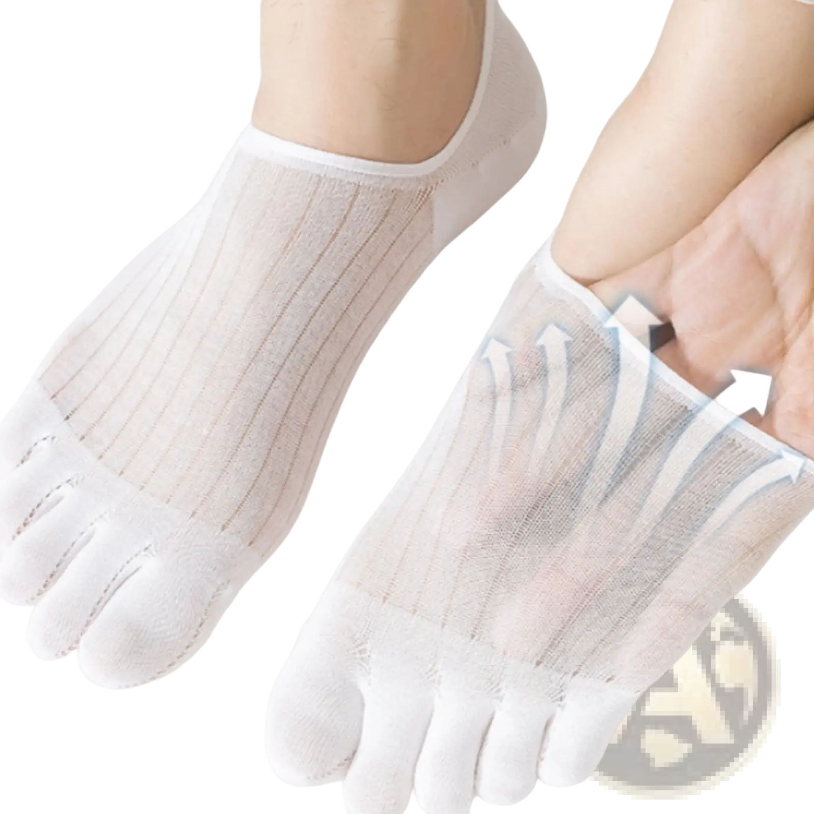 Modal five-finger breathable ultra-thin boat socks in white sheer modal with ribbed texture and reinforced toe sections