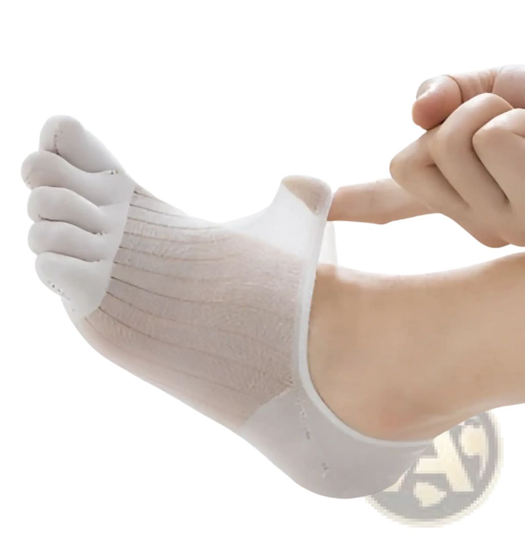 White modal five-finger breathable ultra-thin boat socks with mesh design and seamless construction visible from back side
