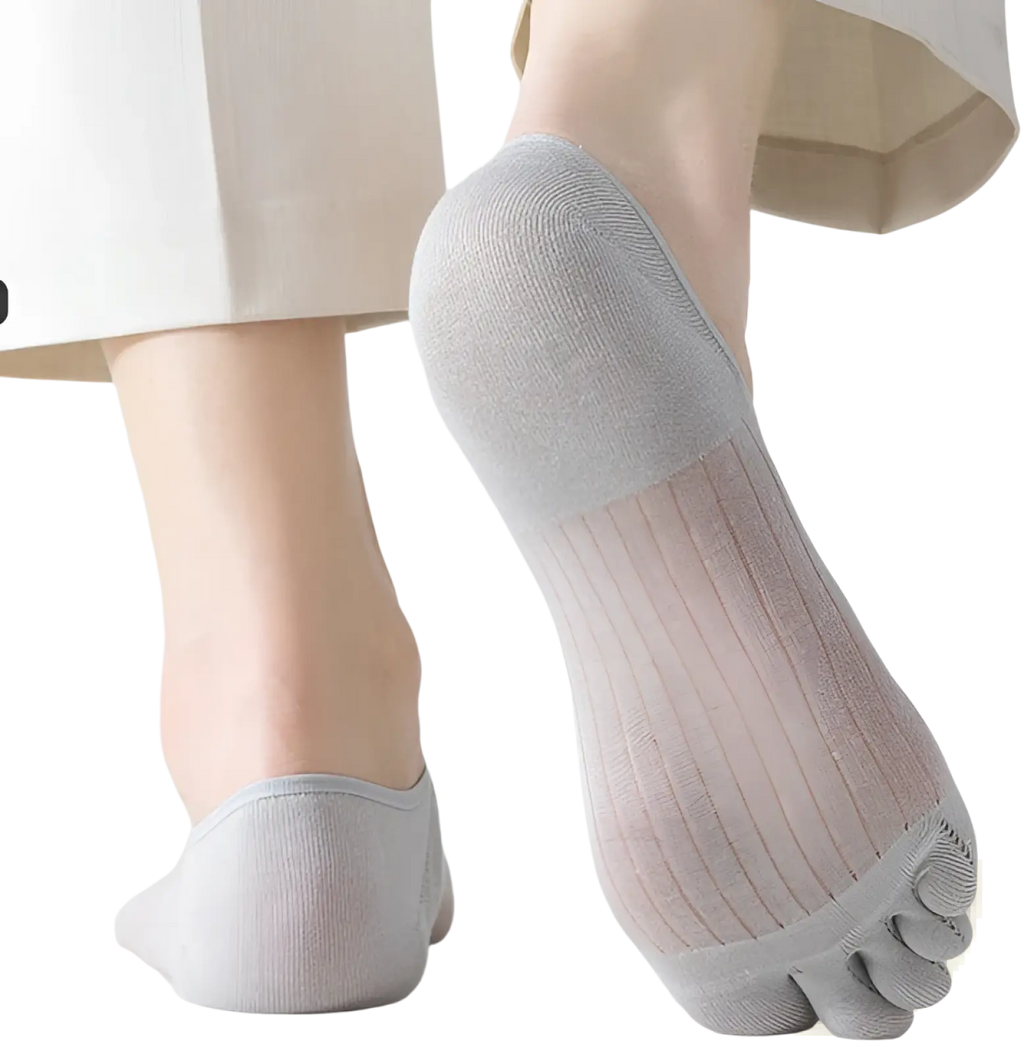 Light gray modal five-finger breathable ultra-thin boat sock with ribbed texture and sheer mesh material