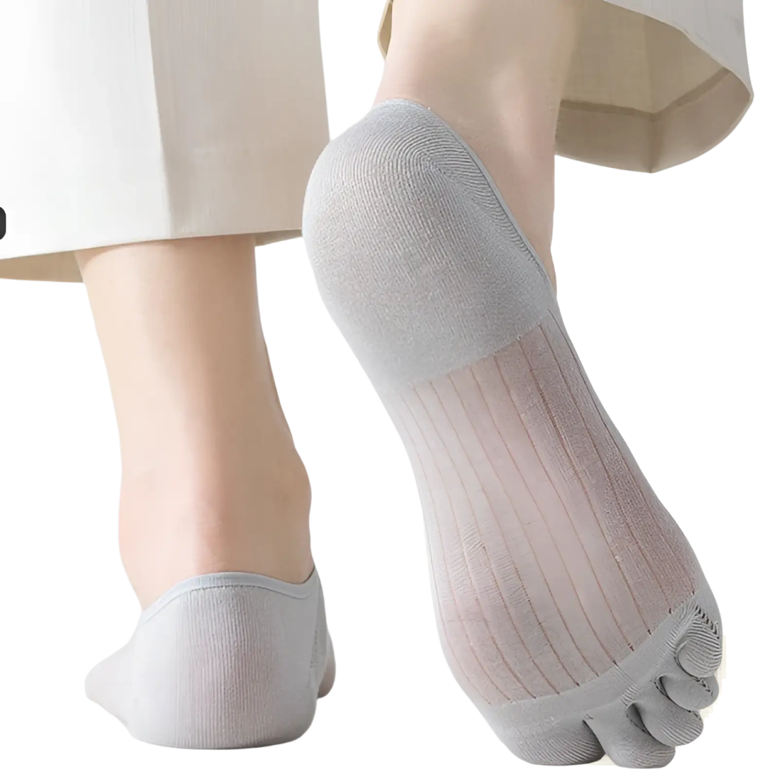 Light gray modal five-finger breathable ultra-thin boat sock with ribbed texture and sheer mesh material