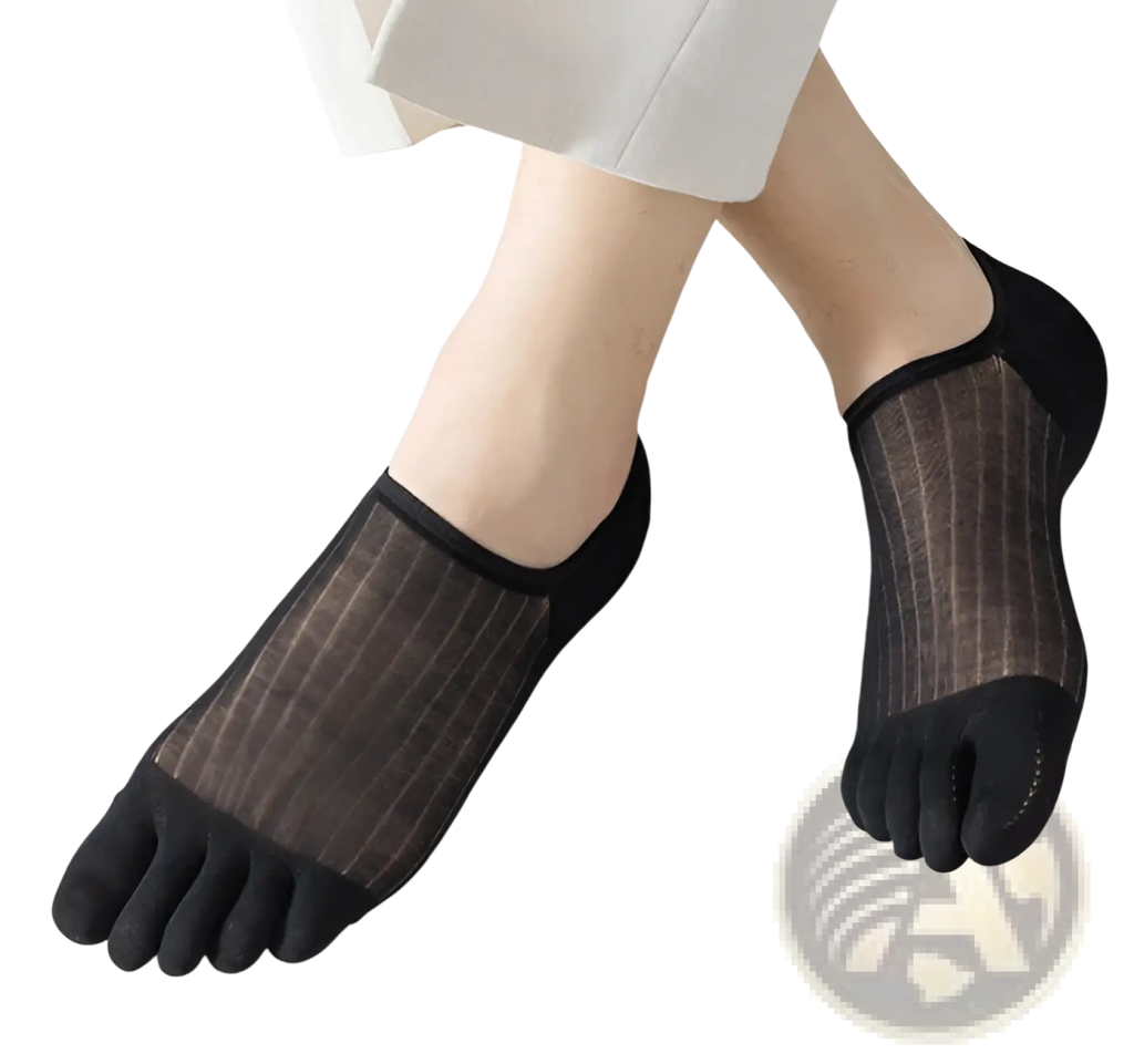 Black modal five-finger ultra-thin breathable boat socks with sheer striped mesh and solid toe and heel sections