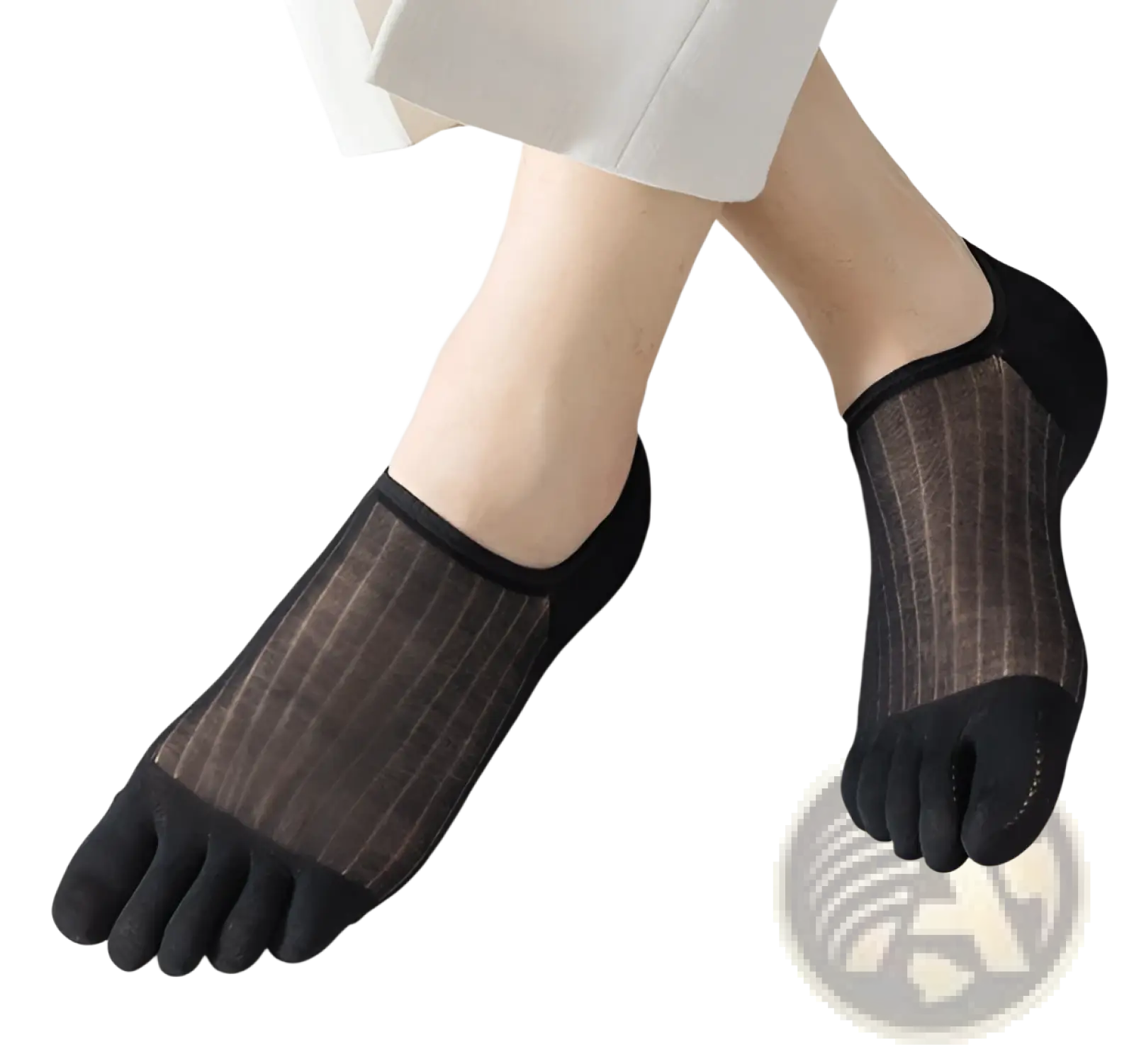 Black modal five-finger ultra-thin breathable boat socks with sheer striped mesh and solid toe and heel sections