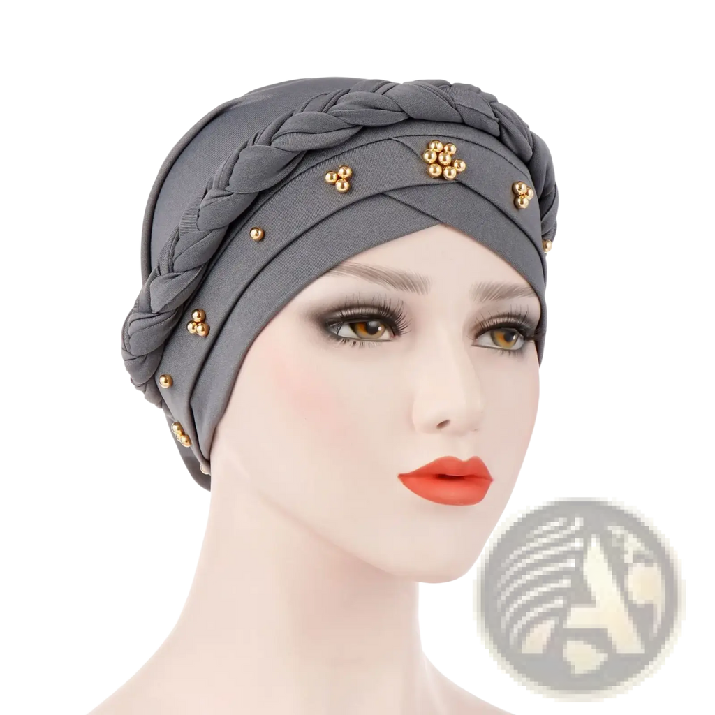 Gray modal hijab turban braided head wrap with gold-tone bead clusters for stylish modest wear