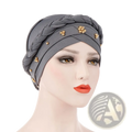 Gray modal hijab turban braided head wrap with gold-tone bead clusters for stylish modest wear