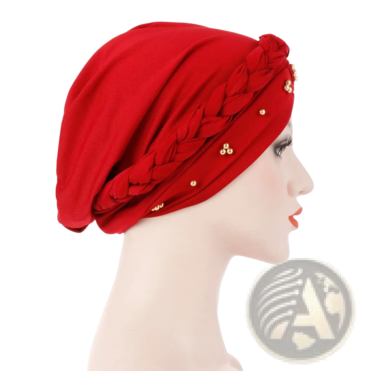Red modal hijab turban braided head wrap with gold-tone embellishments knitted in a red fabric