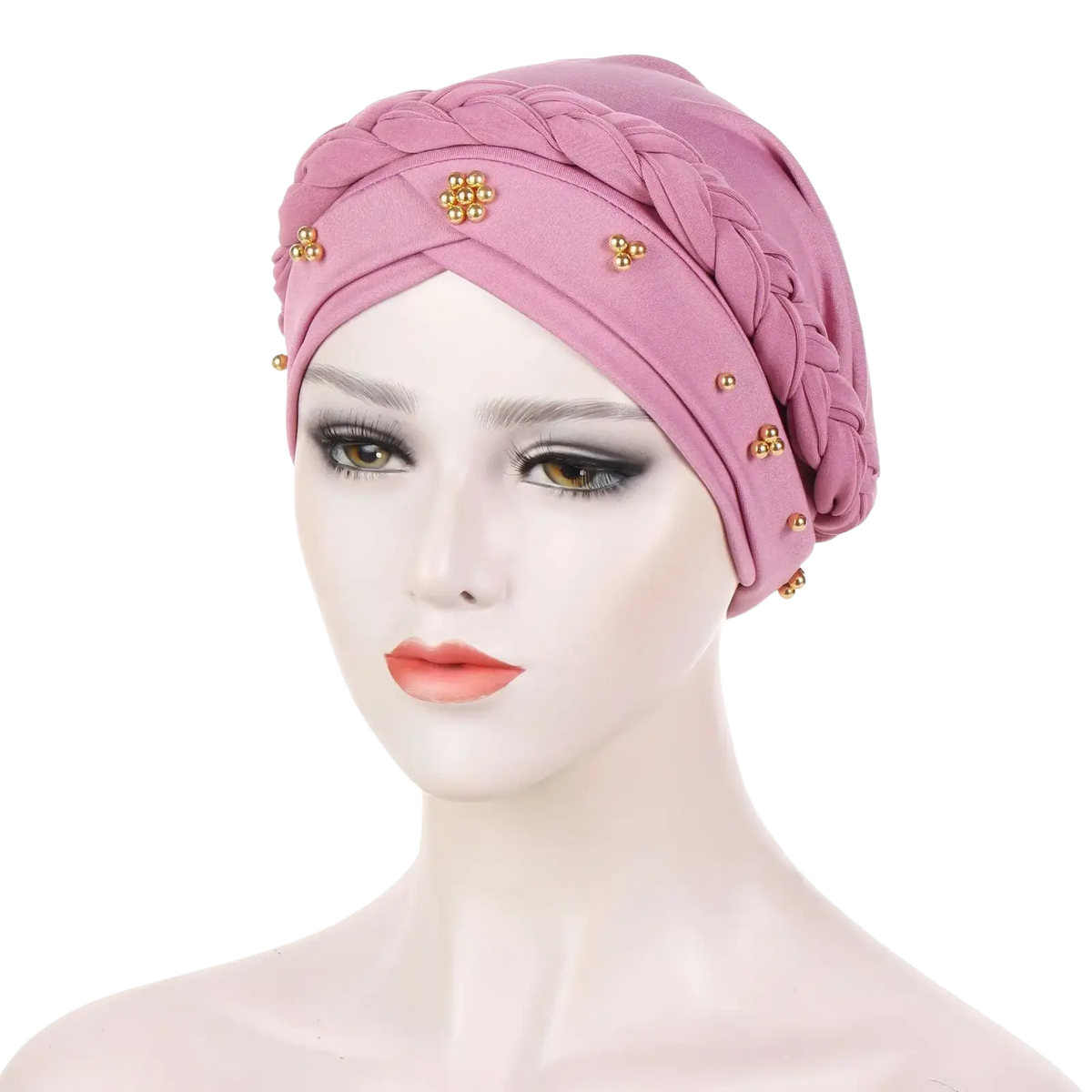 Modal hijab turban braided head wrap in red with a pink braided headscarf adorned with gold bead clusters