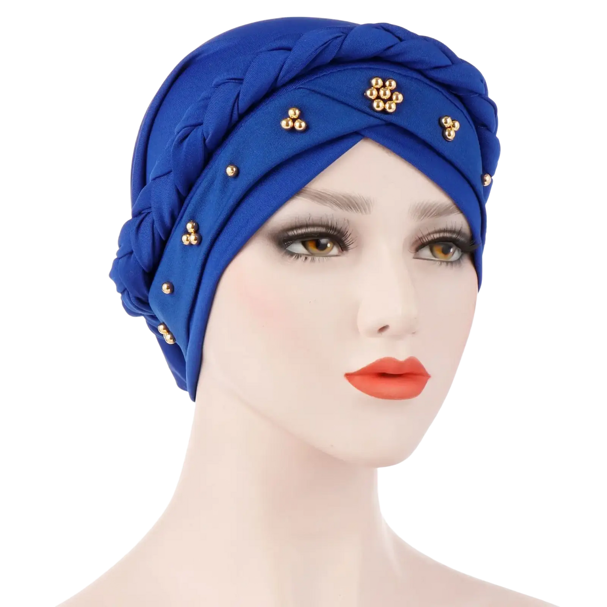 Royal blue modal hijab turban braided head wrap with gold-tone bead clusters for stylish coverage