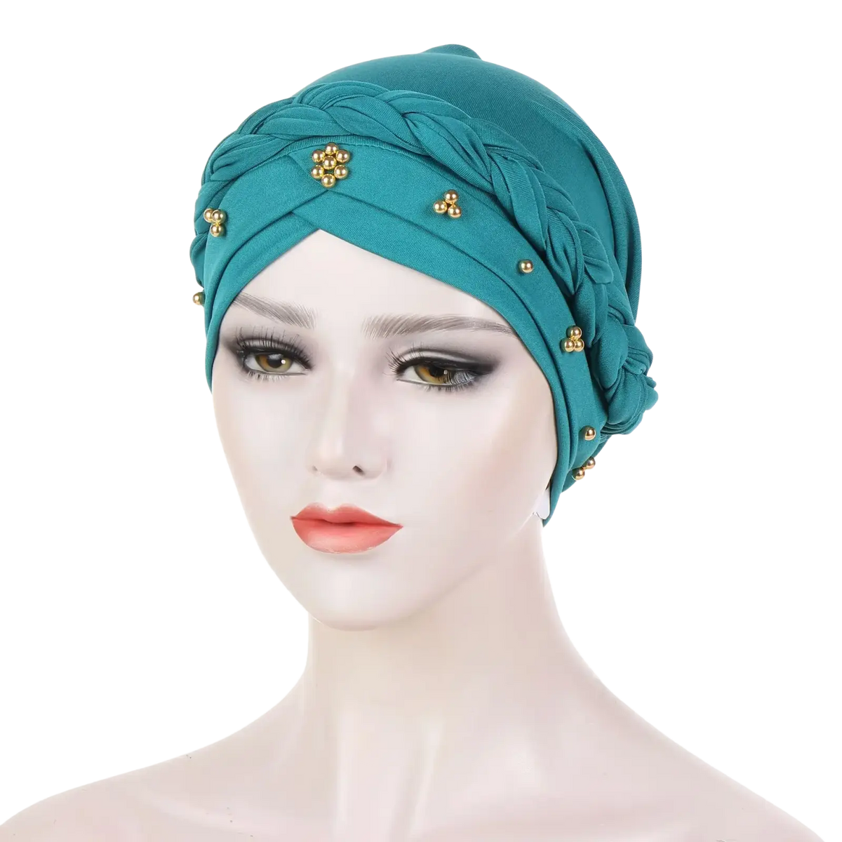 Teal modal hijab turban braided head wrap with gold-tone decorative beads designed for stylish head covering