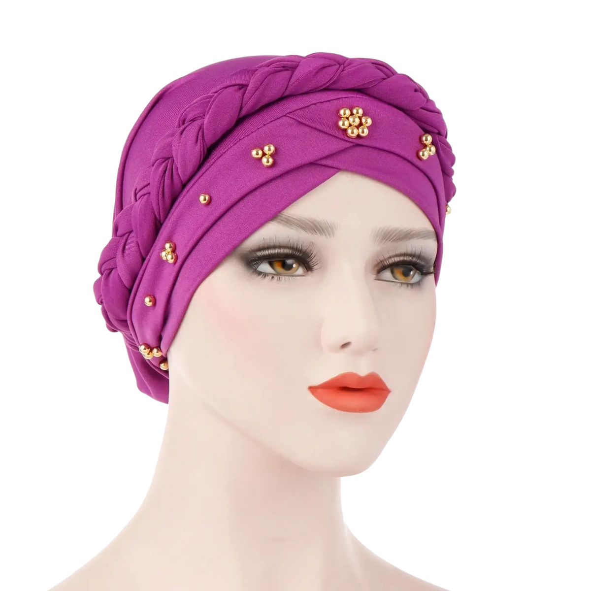 Modal hijab turban braided head wrap in vibrant purple with gold bead clusters highlighting its textured design