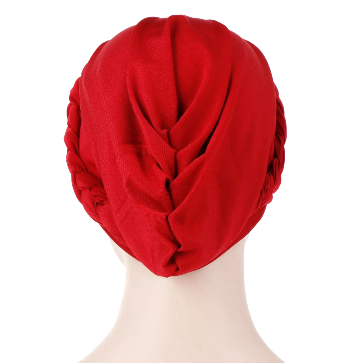 A vibrant red modal hijab turban with braided edge and soft folds designed as a braided head wrap