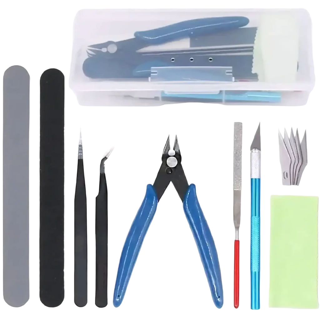 Blue-handled precision pliers with black metal jaws and silver pivot for model building tool set hobby craft use