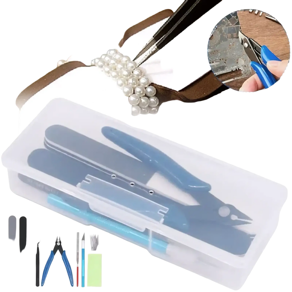 Blue-handled precision pliers model building tool set in a clear plastic case for hobby craft use