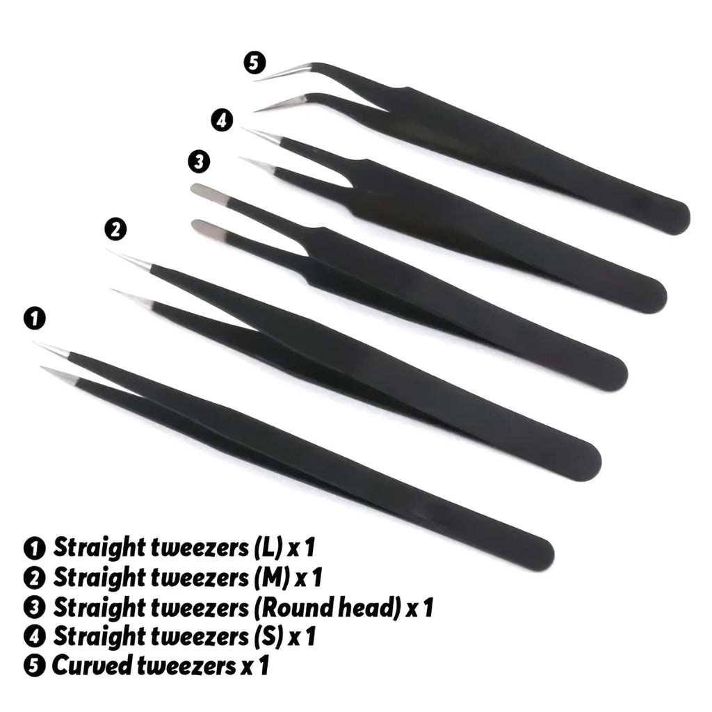 Set of five black precision metal tweezers with varying tip shapes for model building tool set hobby craft use