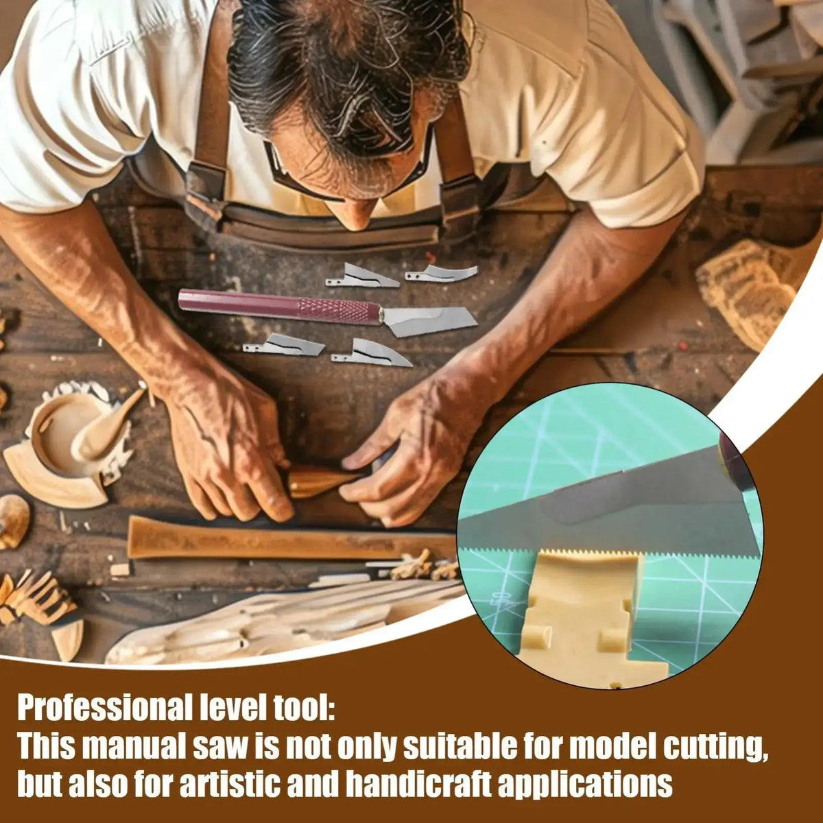 A professional model craft hand saw kit with a dark brown wooden handle and metallic blade for precise cutting