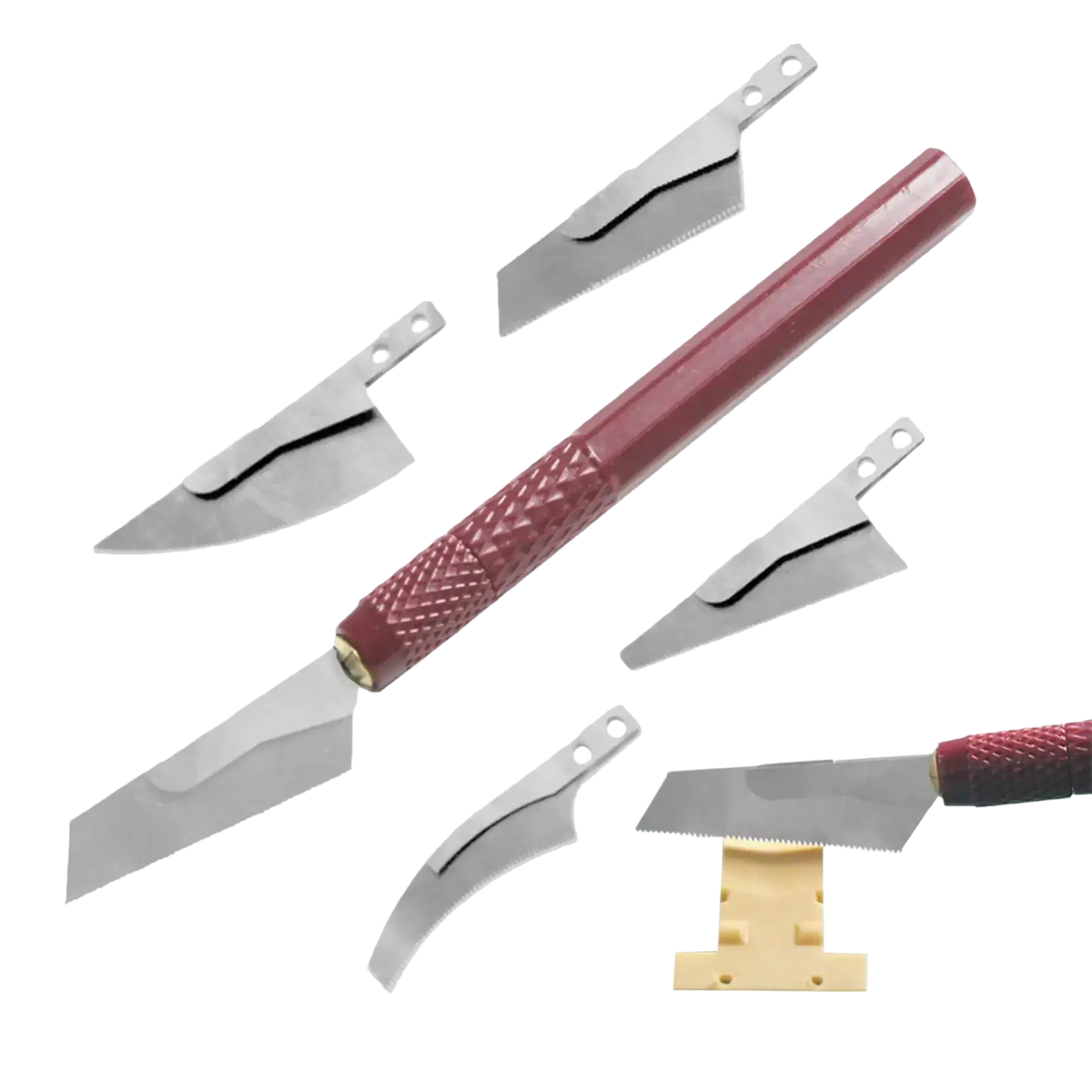 Model craft hand saw kit with red handles and four interchangeable steel blades for precise woodworking tasks