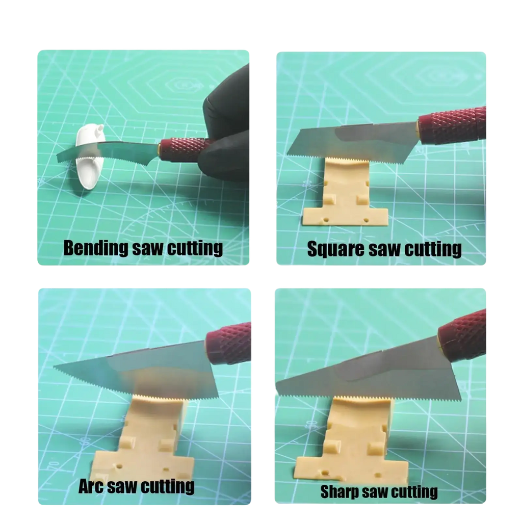 Model craft hand saw kit with four red-handled metallic blades designed for specific cutting tasks