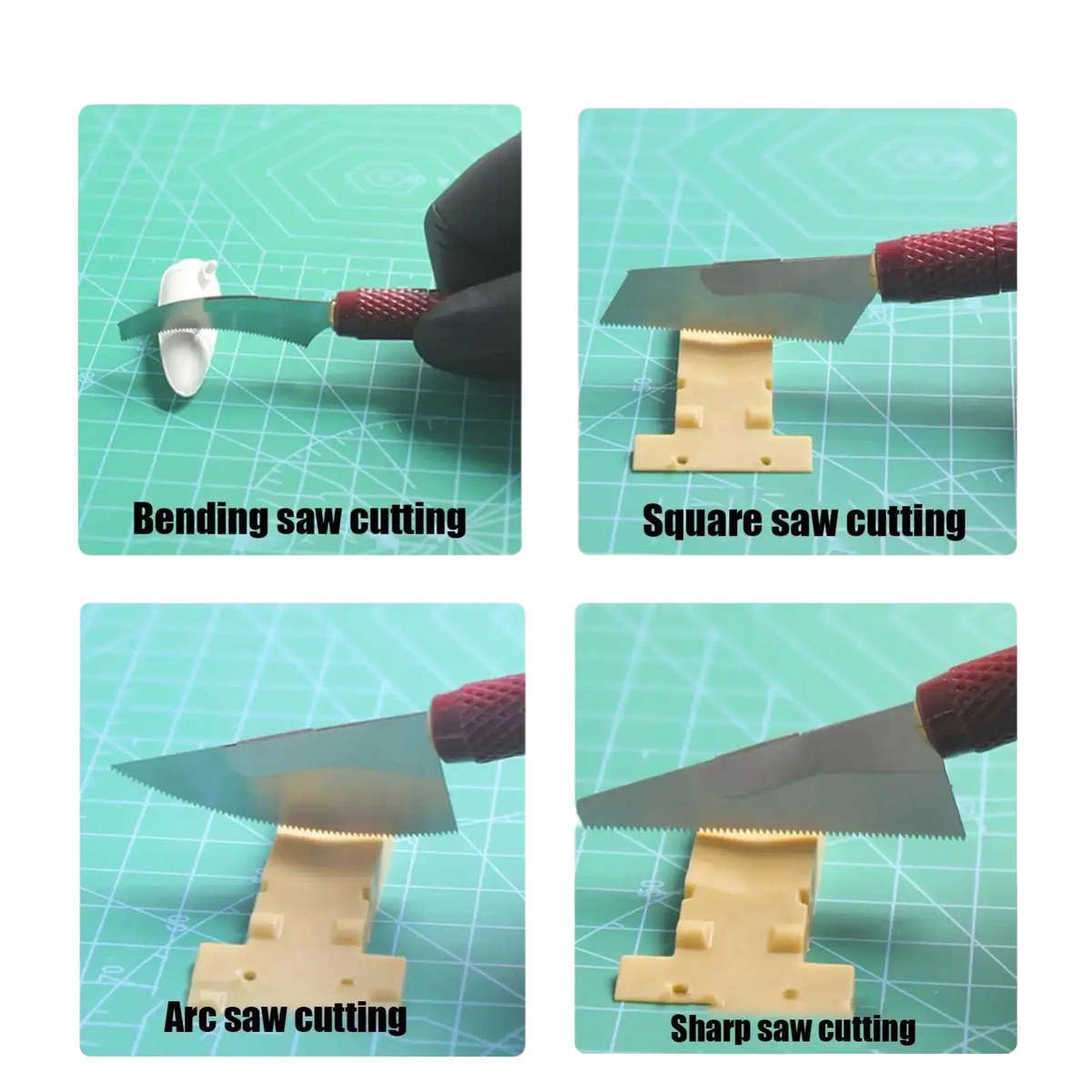 Model craft hand saw kit with four red-handled metallic blades designed for specific cutting tasks