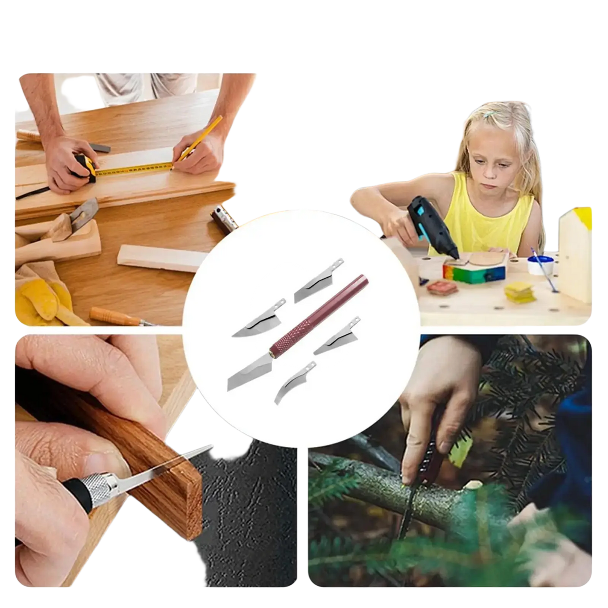 Set of four model craft hand saw knives with metallic blades and maroon black and silver textured handles