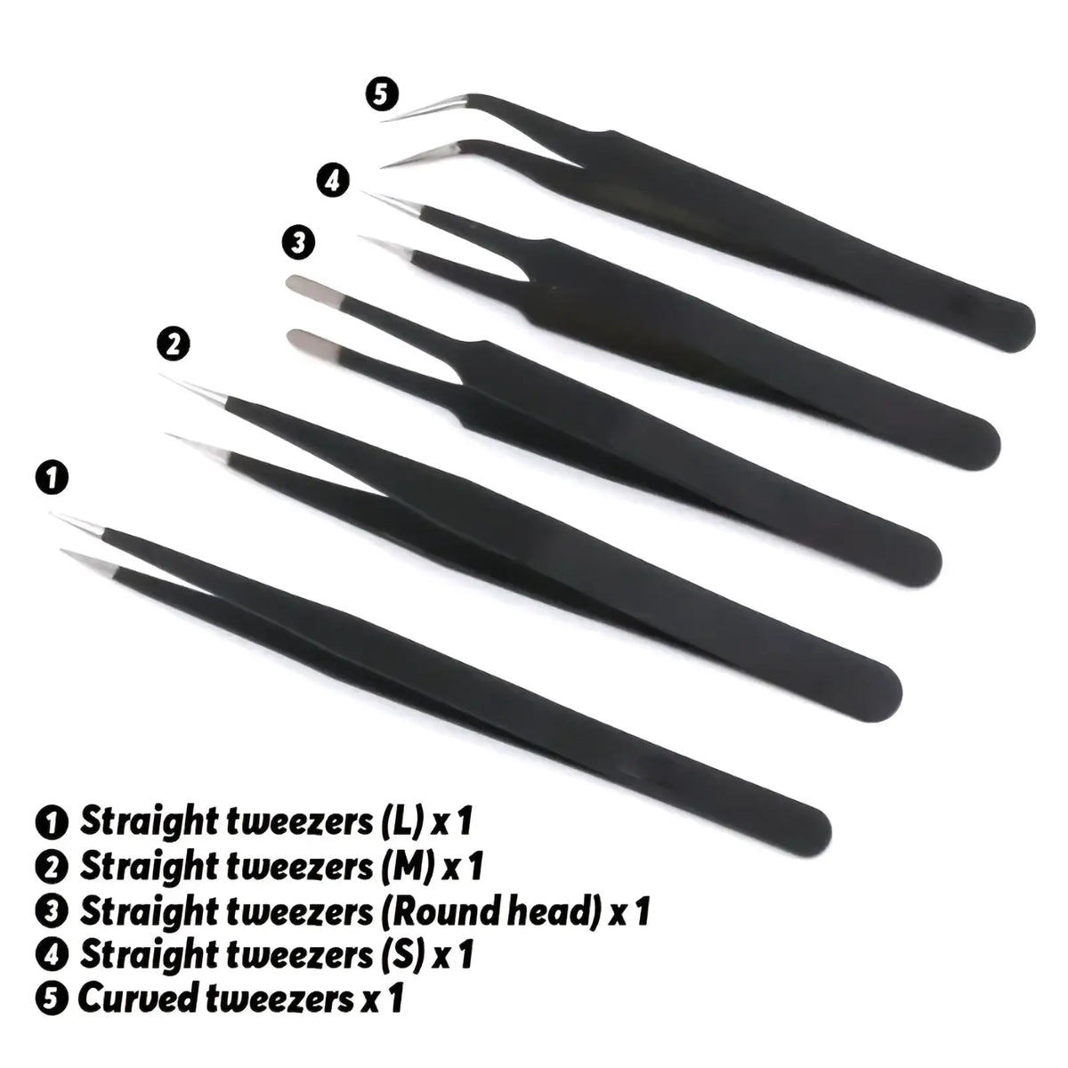 Set of five black precision tweezers with varying tip shapes for hobby craft assembly and model tool use